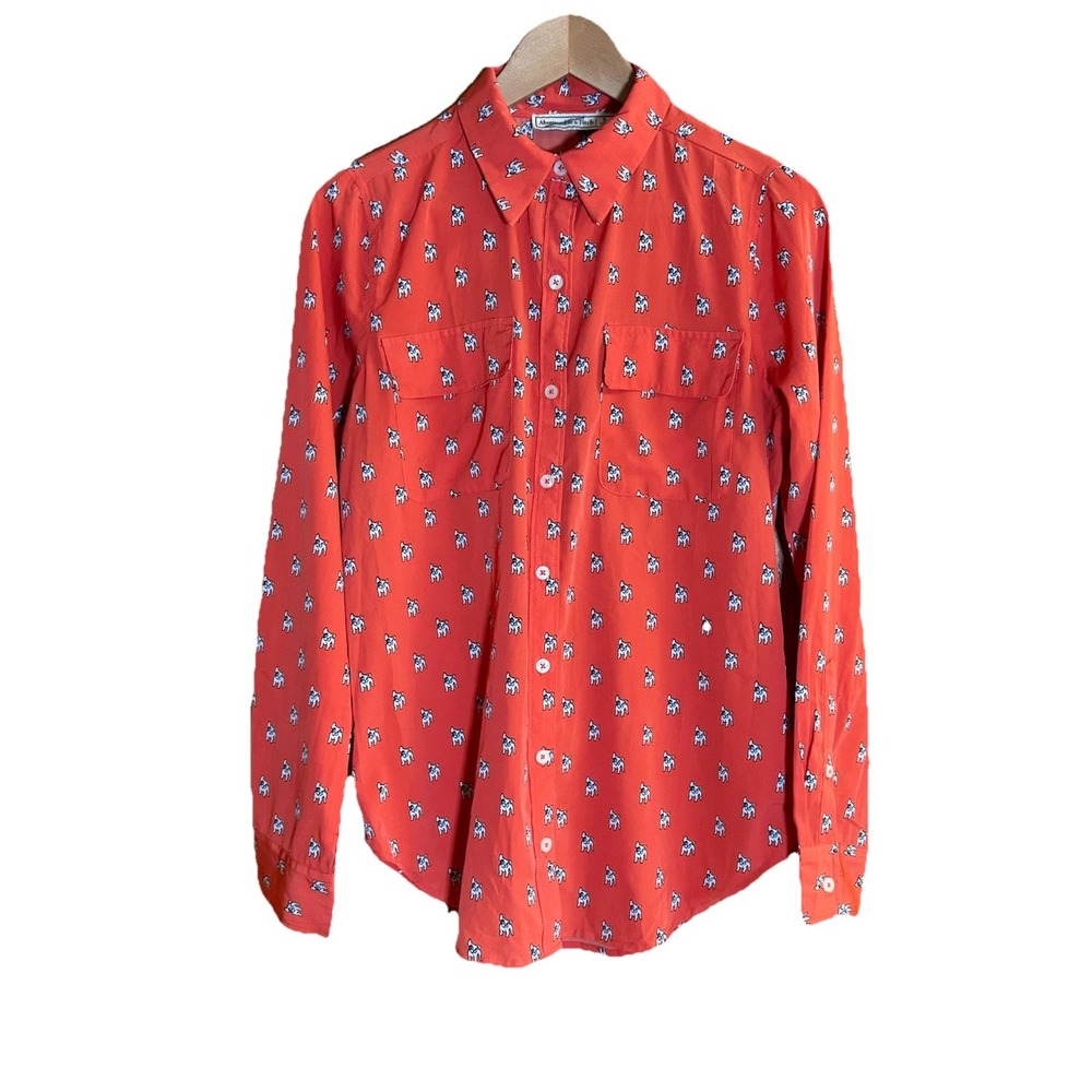 Abercrombie Fitch French Bulldog Top Wms S Small Orange-Red Button Up Blouse Dog